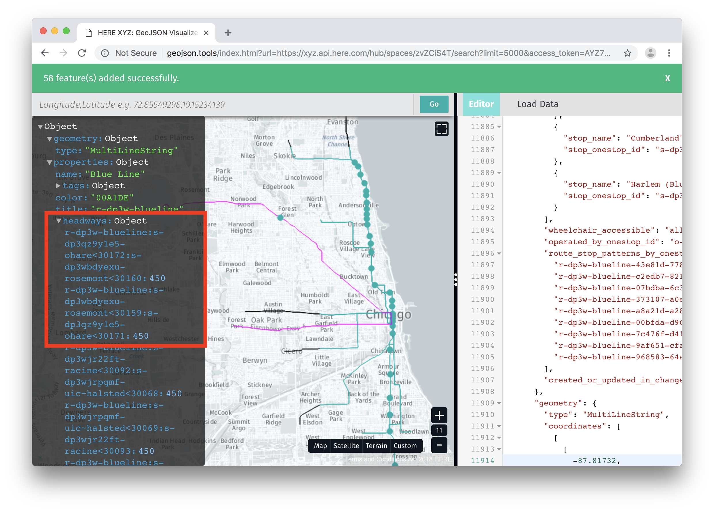 GeoJSON viewer route headways