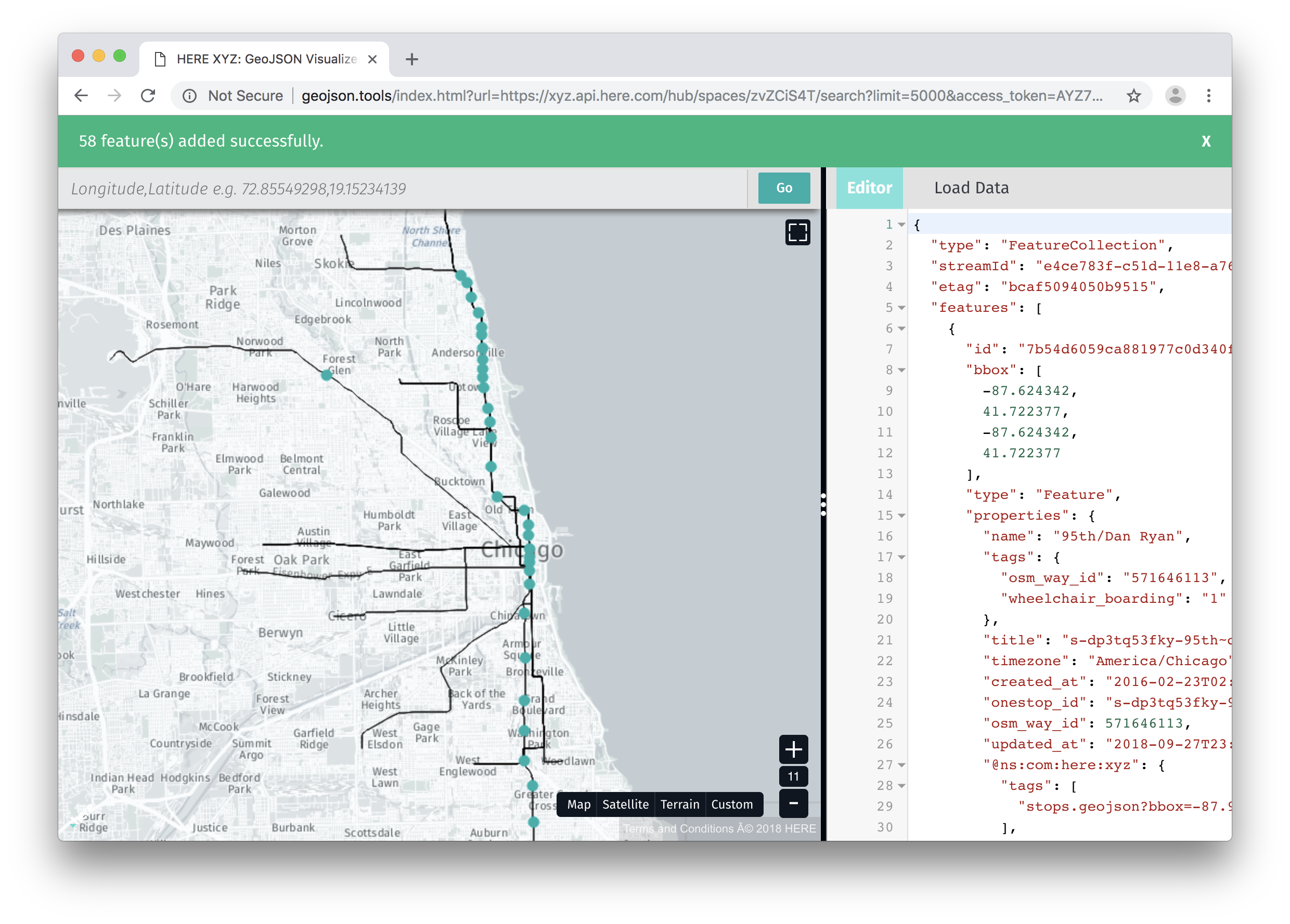 GeoJSON viewer showing stops and routes