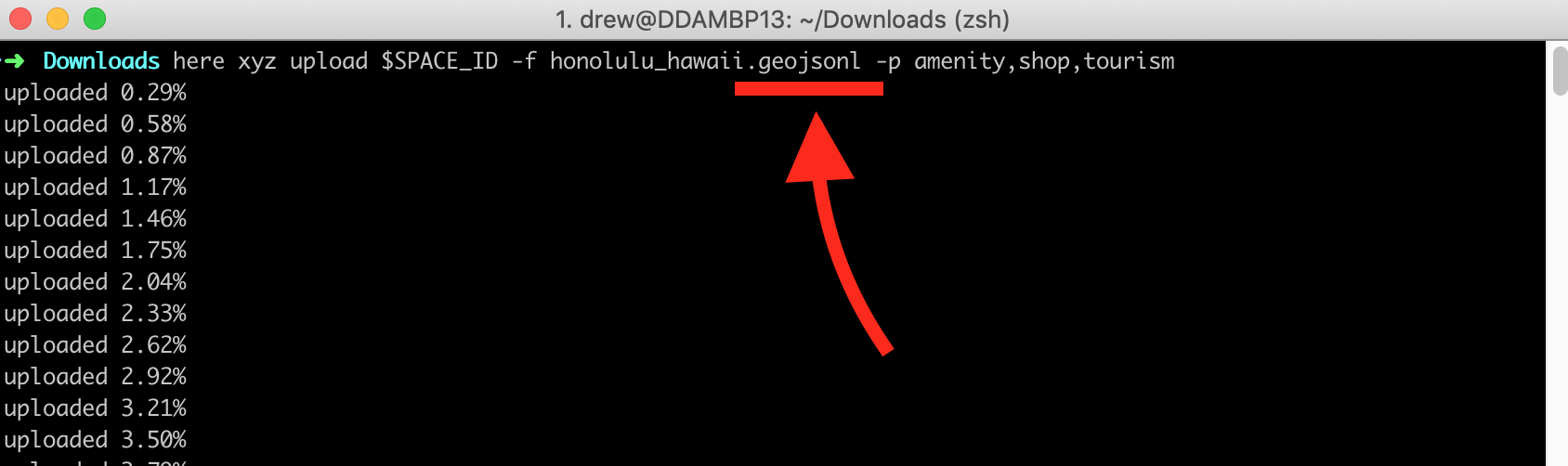 terminal showing usage of HERE CLI to upload OSM Extract in GeoJSONL format