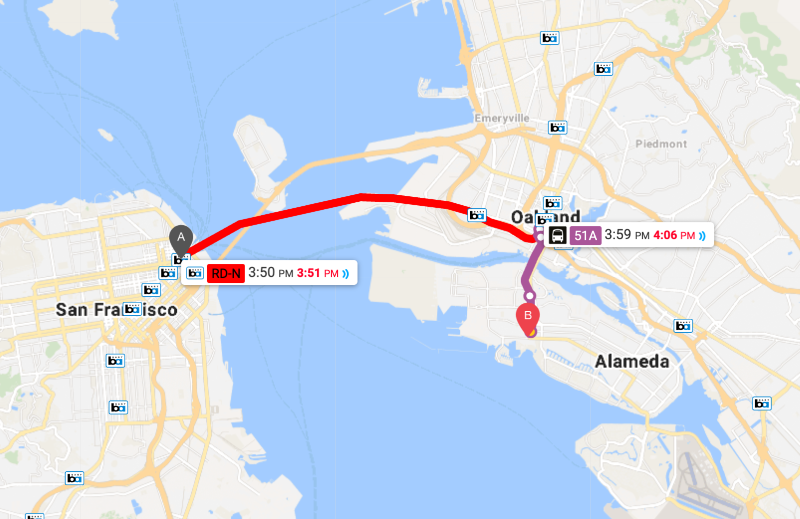 map of a journey by BART and AC Transit originating in San Francisco, transferring in Oakland, and ending in Alameda