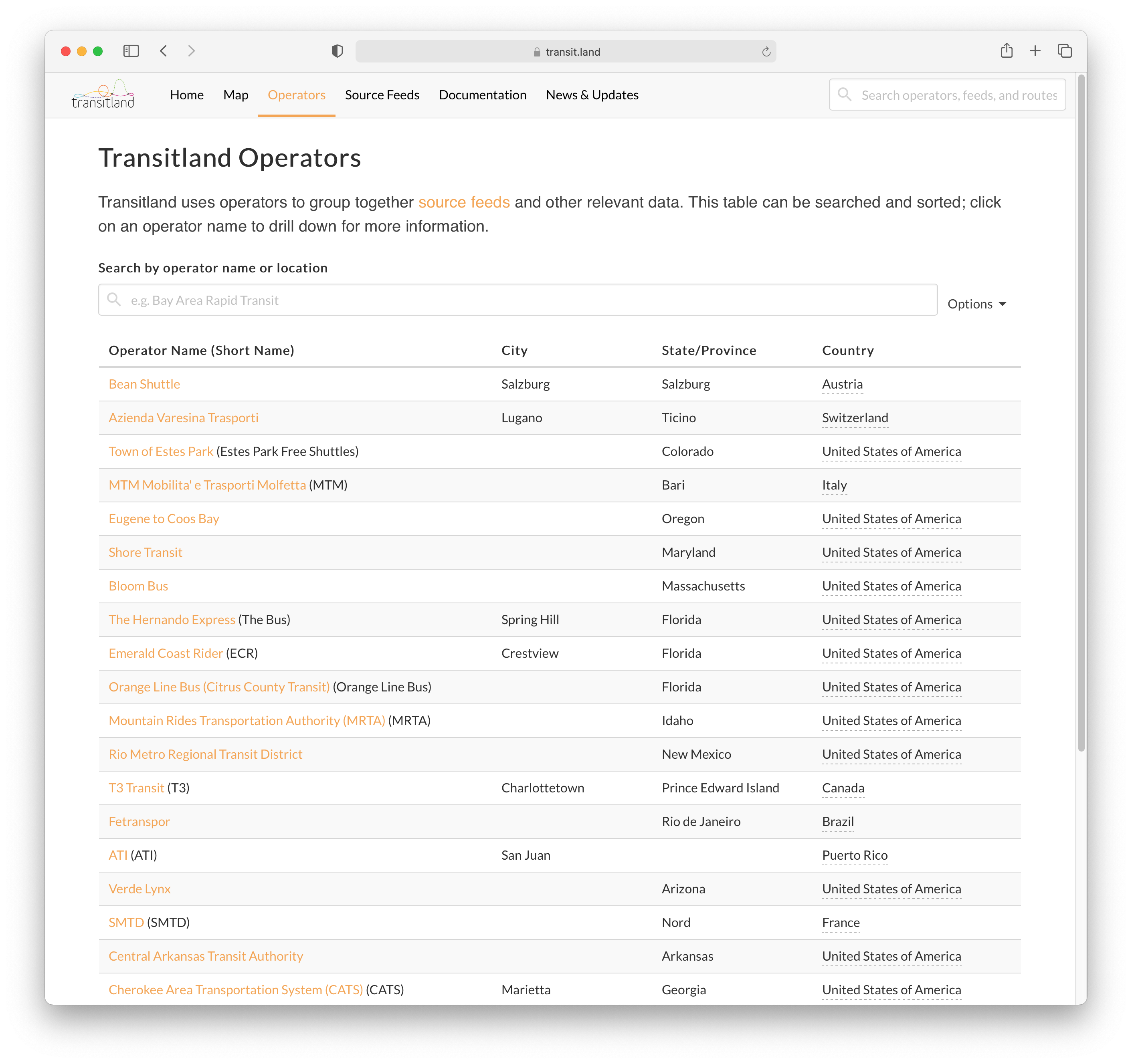 screenshot of list of Transitland operators